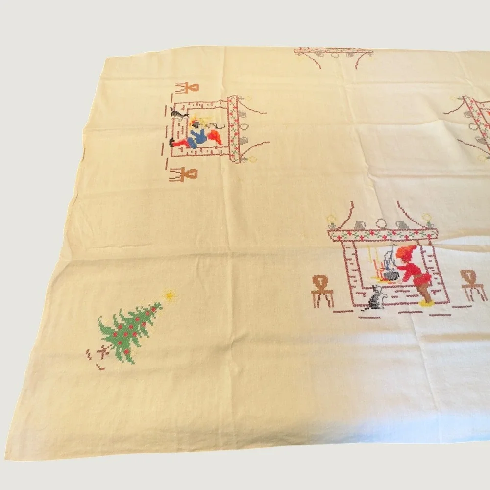 Vtg Tablecloth Embroidered Christmas Gnome Folk Art Linen 49x54 Scandinavian